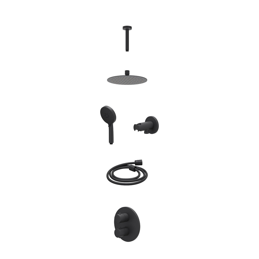 IVY Excl. inbouwbox regendoucheset inbouwthermostaatkraan met 2-weg stop-omstel, plafondbuis 15cm, R20cmSL, houder met uitlaat, doucheslang 150cm en 3-standen handdouche – Mat zwar