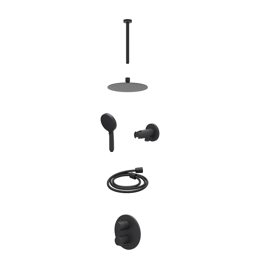 IVY Excl. inbouwbox regendoucheset inbouwthermostaatkraan met 2-weg stop-omstel, plafondbuis 30cm, R20cmSL, houder met uitlaat, doucheslang 150cm en 3-standen handdouche – Mat zwar