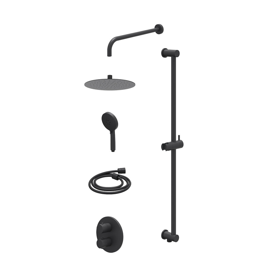 IVY Excl. inbouwbox regendoucheset inbouwthermostaatkraan met 2-weg stop-omstel, wandarm, R25cmSL, glijstang met uitlaat, doucheslang 150cm en 3-standen handdouche – Mat zwart PED