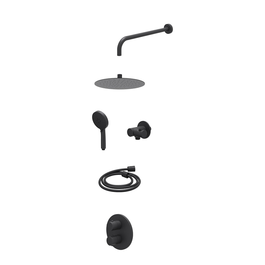 IVY Excl. inbouwbox regendoucheset inbouwthermostaatkraan met 2-weg stop-omstel, wandarm, R25cmSL, verstelbare steun met geïnt. uitlaat, doucheslang 150cm en 3-standen handdouche –