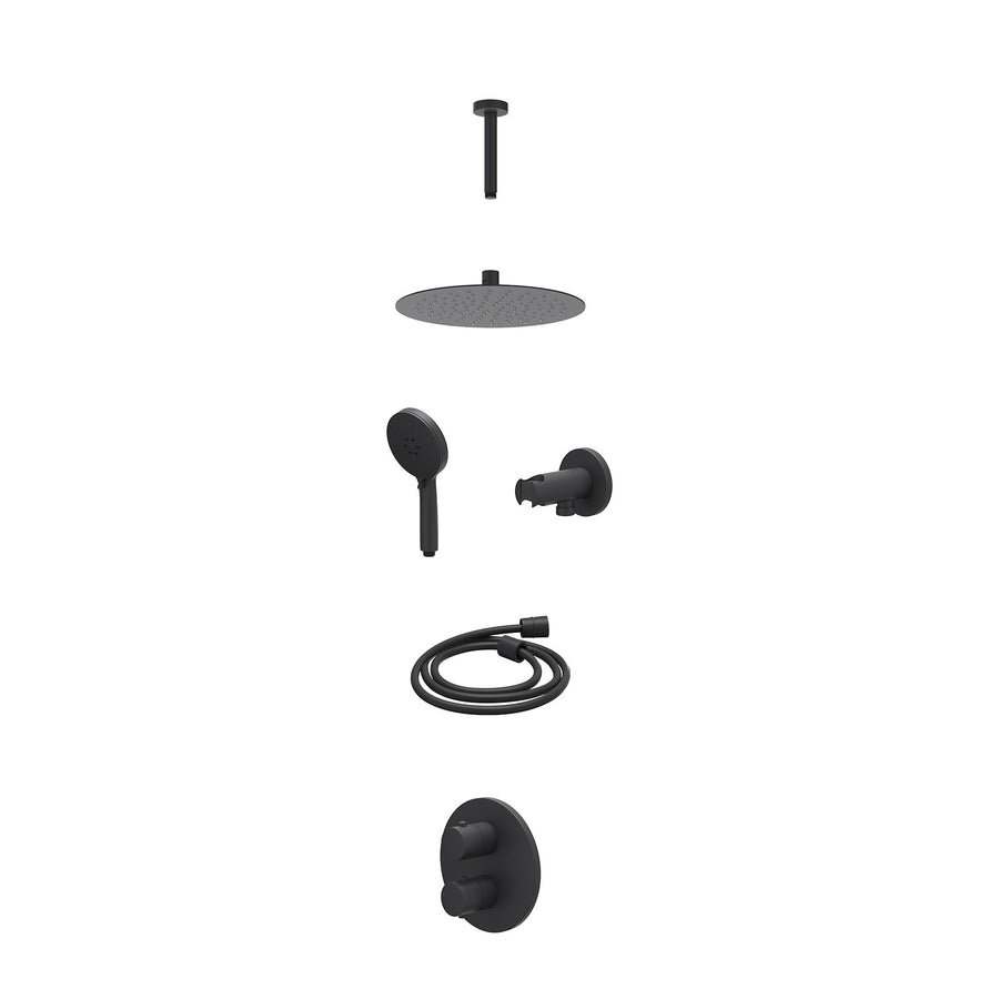 IVY Excl. inbouwbox regendoucheset inbouwthermostaatkraan met 2-weg stop-omstel, plafondbuis 15cm, R25cmSL, houder met uitlaat, doucheslang 150cm en 3-standen handdouche – Mat zwar