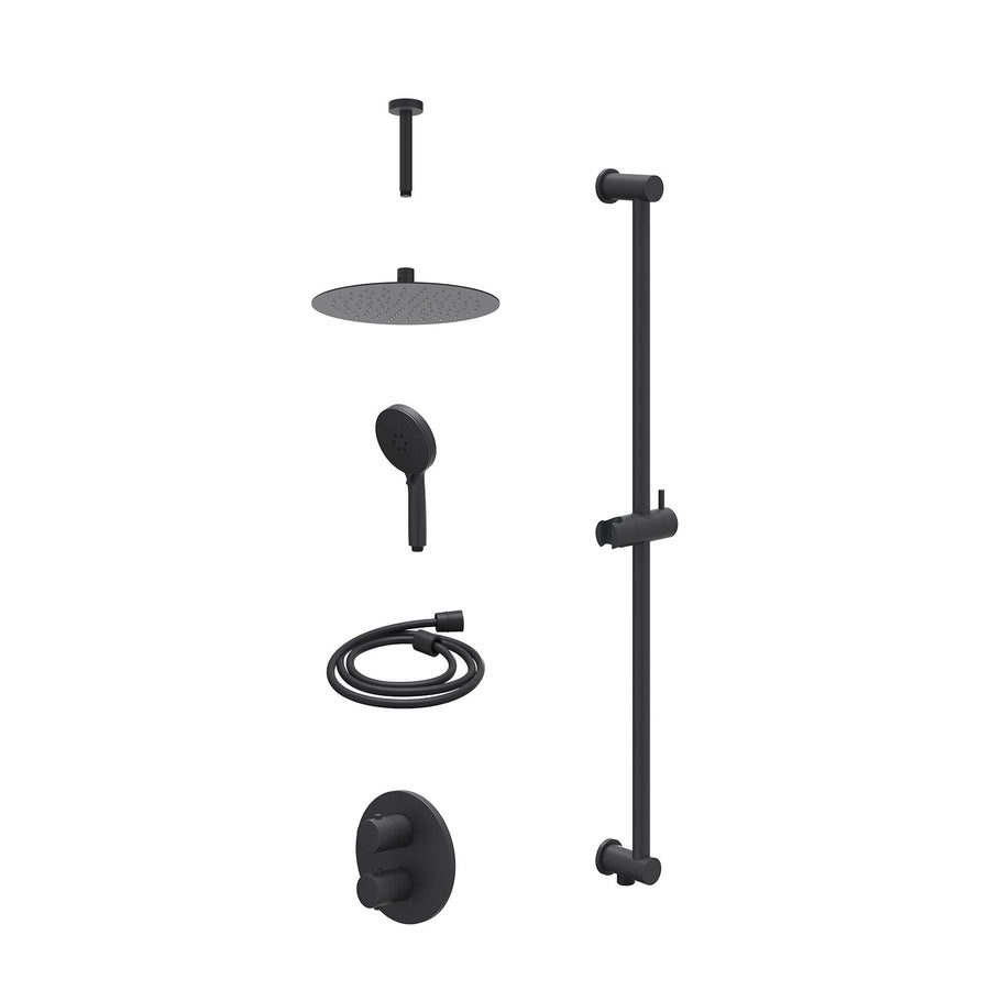 IVY Excl. inbouwbox regendoucheset inbouwthermostaatkraan met 2-weg stop-omstel, plafondbuis 15cm, R25cmSL, glijstang met uitlaat, doucheslang 150cm en 3-standen handdouche – Mat z