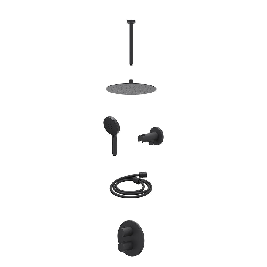 IVY Excl. inbouwbox regendoucheset inbouwthermostaatkraan met 2-weg stop-omstel, plafondbuis 30cm, R25cmSL, houder met uitlaat, doucheslang 150cm en 3-standen handdouche – Mat zwar