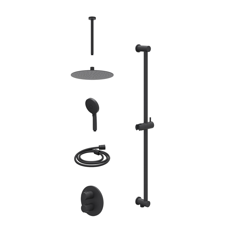 IVY Excl. inbouwbox regendoucheset inbouwthermostaatkraan met 2-weg stop-omstel, plafondbuis 30cm, R25cmSL, glijstang met uitlaat, doucheslang 150cm en 3-standen handdouche – Mat z
