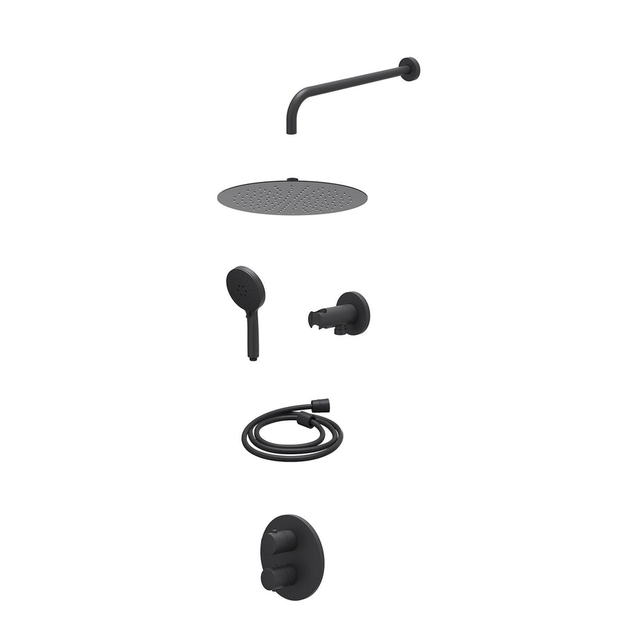 IVY Excl. inbouwbox regendoucheset inbouwthermostaatkraan met 2-weg stop-omstel, wandarm, R30cmSL, houder met uitlaat, doucheslang 150cm en 3-standen handdouche – Mat zwart PED