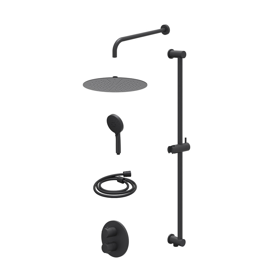 IVY Excl. inbouwbox regendoucheset inbouwthermostaatkraan met 2-weg stop-omstel, wandarm, R30cmSL, glijstang met uitlaat, doucheslang 150cm en 3-standen handdouche – Mat zwart PED