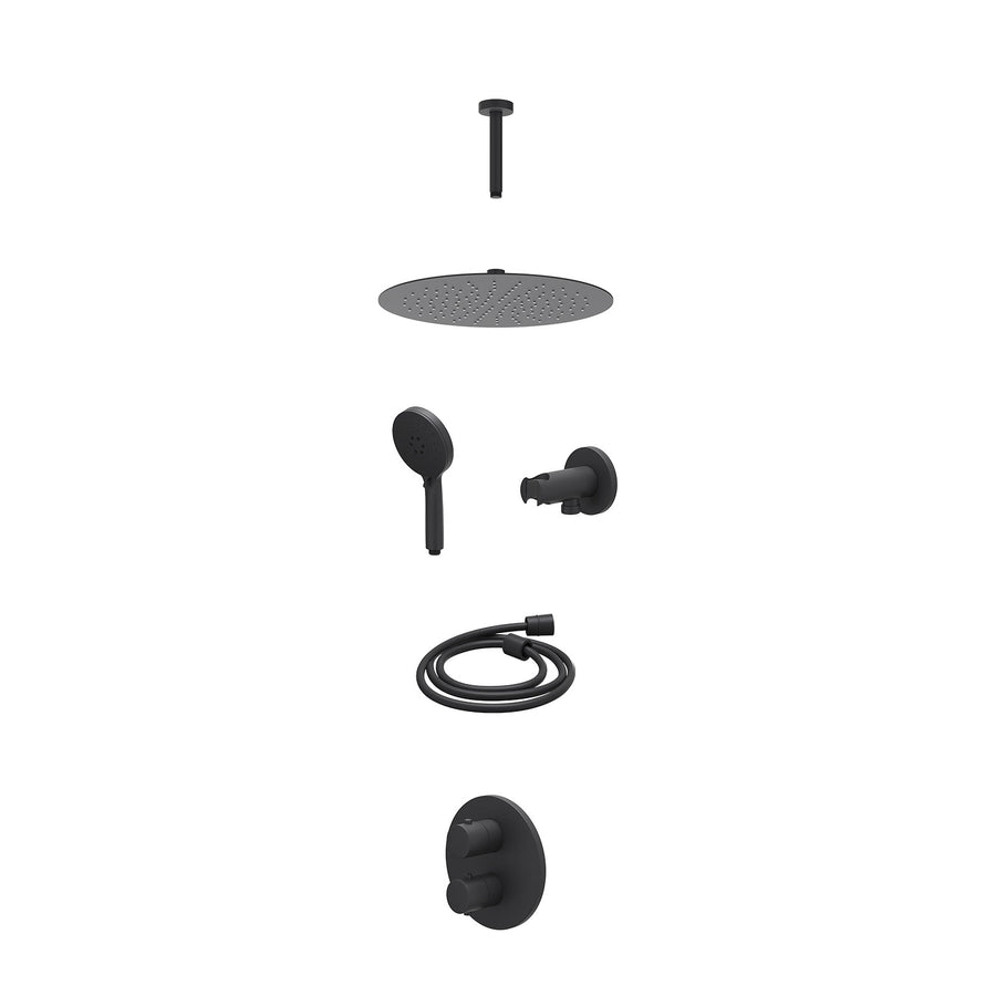 IVY Excl. inbouwbox regendoucheset inbouwthermostaatkraan met 2-weg stop-omstel, plafondbuis 15cm, R30cmSL, houder met uitlaat, doucheslang 150cm en 3-standen handdouche – Mat zwar