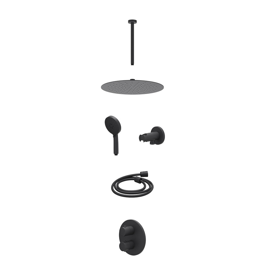 IVY Excl. inbouwbox regendoucheset inbouwthermostaatkraan met 2-weg stop-omstel, plafondbuis 30cm, R30cmSL, houder met uitlaat, doucheslang 150cm en 3-standen handdouche – Mat zwar