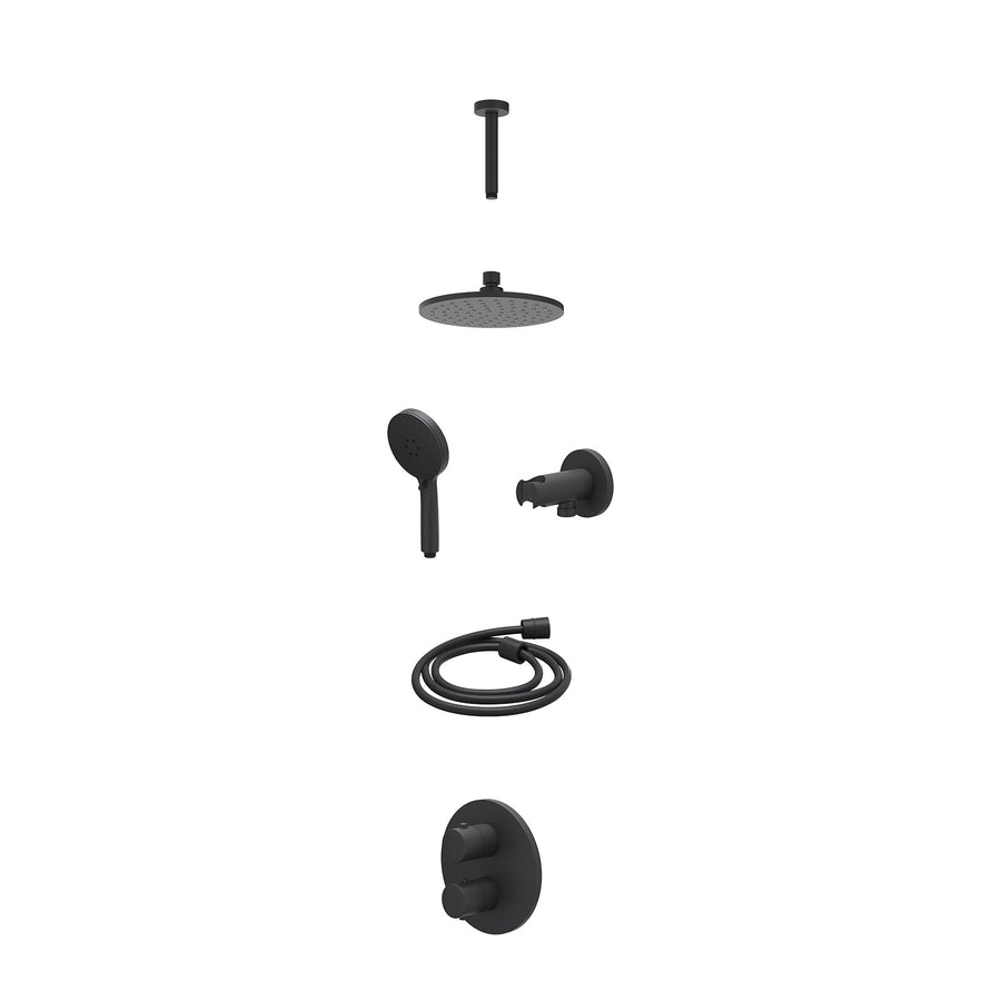 IVY Excl. inbouwbox regendoucheset inbouwthermostaatkraan met 2-weg stop-omstel, plafondbuis 15cm, R20cmME, houder met uitlaat, doucheslang 150cm en 3-standen handdouche – Mat zwar