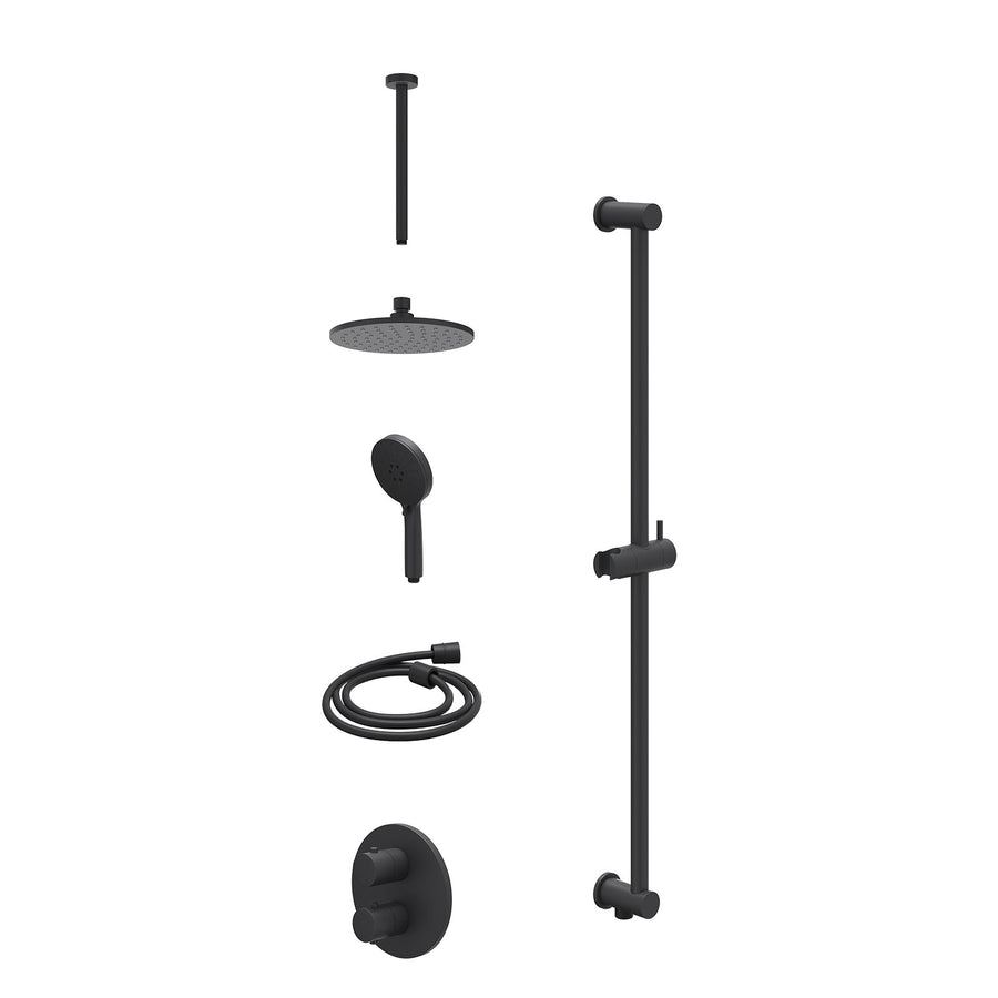 IVY Excl. inbouwbox regendoucheset inbouwthermostaatkraan met 2-weg stop-omstel, plafondbuis 30cm, R20cmME, glijstang met uitlaat, doucheslang 150cm en 3-standen handdouche – Mat z