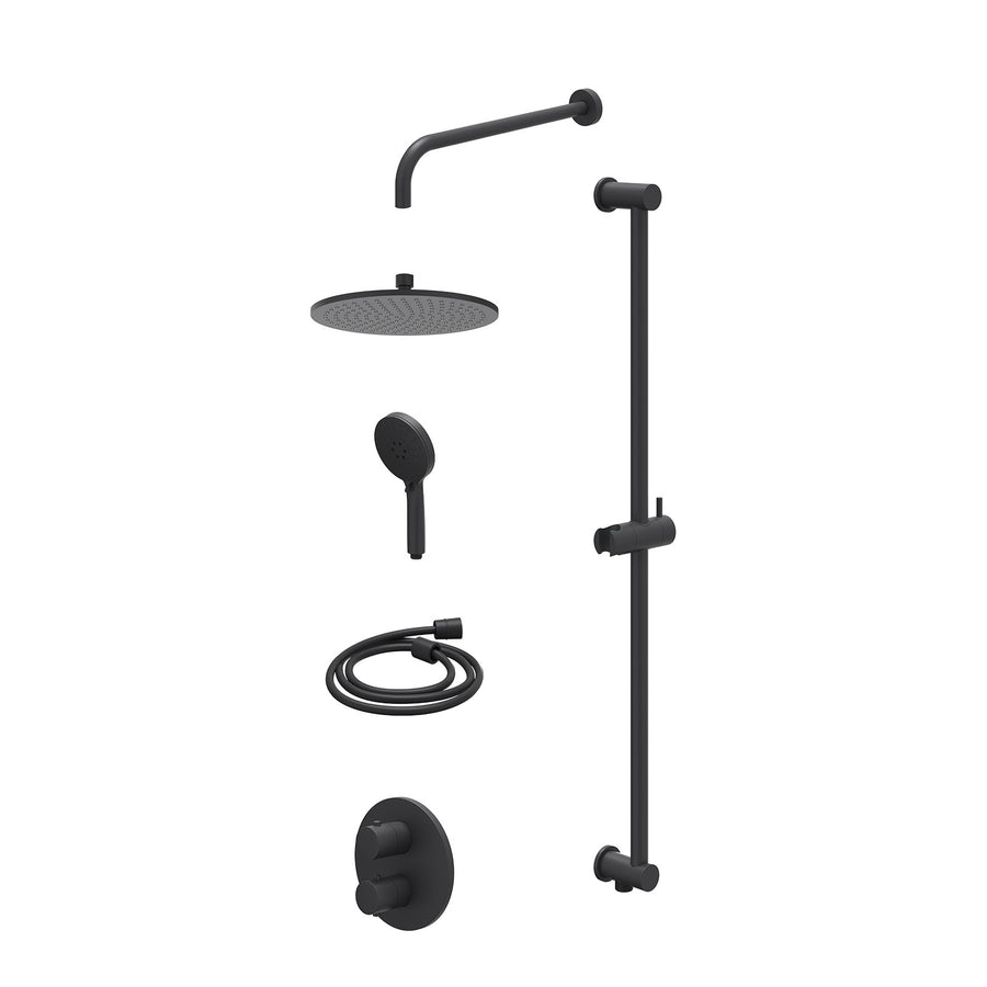 IVY Excl. inbouwbox regendoucheset inbouwthermostaatkraan met 2-weg stop-omstel, wandarm, R25cmME, glijstang met uitlaat, doucheslang 150cm en 3-standen handdouche – Mat zwart PED