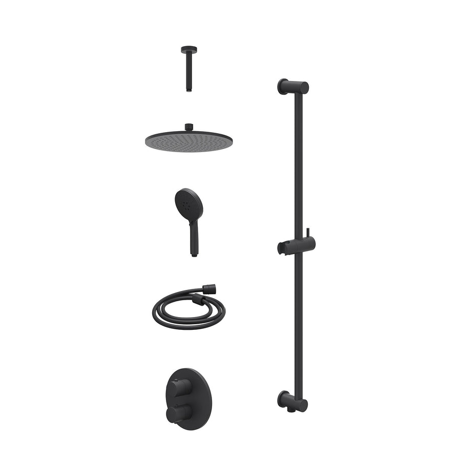 IVY Excl. inbouwbox regendoucheset inbouwthermostaatkraan met 2-weg stop-omstel, plafondbuis 15cm, R25cmME, glijstang met uitlaat, doucheslang 150cm en 3-standen handdouche – Mat z