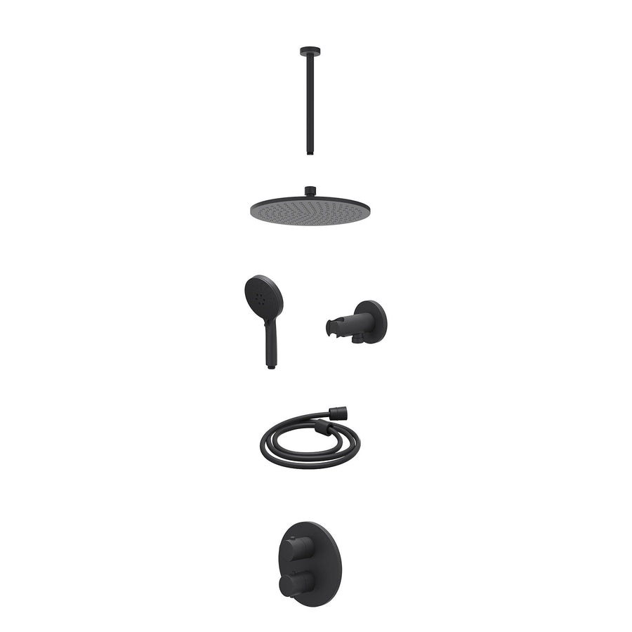 IVY Excl. inbouwbox regendoucheset inbouwthermostaatkraan met 2-weg stop-omstel, plafondbuis 30cm, R25cmME, houder met uitlaat, doucheslang 150cm en 3-standen handdouche – Mat zwar