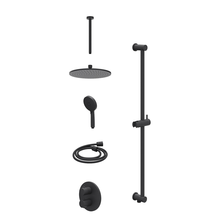 IVY Excl. inbouwbox regendoucheset inbouwthermostaatkraan met 2-weg stop-omstel, plafondbuis 30cm, R25cmME, glijstang met uitlaat, doucheslang 150cm en 3-standen handdouche – Mat z