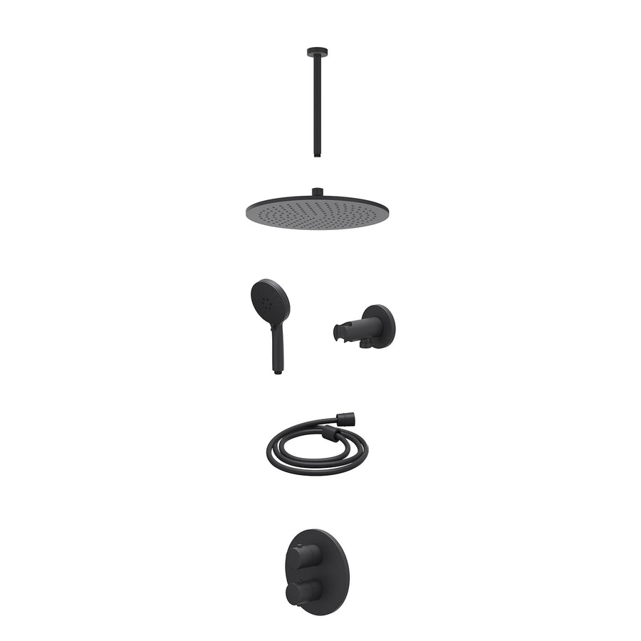 IVY Excl. inbouwbox regendoucheset inbouwthermostaatkraan met 2-weg stop-omstel, plafondbuis 30cm, R30cmME, houder met uitlaat, doucheslang 150cm en 3-standen handdouche – Mat zwar