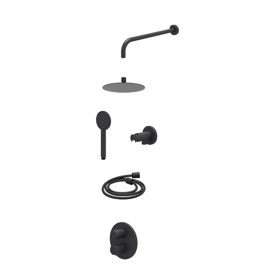 IVY Excl. inbouwbox regendoucheset inbouwthermostaatkraan met 2-weg stop-omstel, wandarm, R20cmSL, houder met uitlaat, doucheslang 150cm en satin spray handdouche – Mat zwart PED