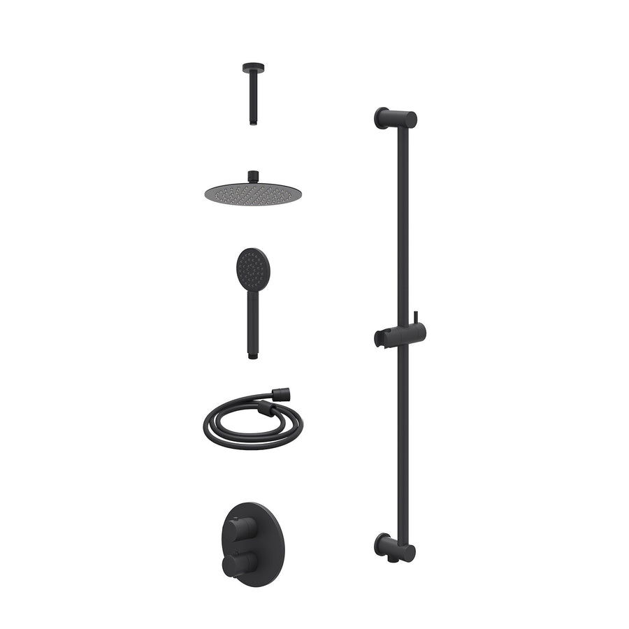 IVY Excl. inbouwbox regendoucheset inbouwthermostaatkraan met 2-weg stop-omstel, plafondbuis 15cm, R20cmSL, glijstang met uitlaat, doucheslang 150cm en satin spray handdouche – Mat