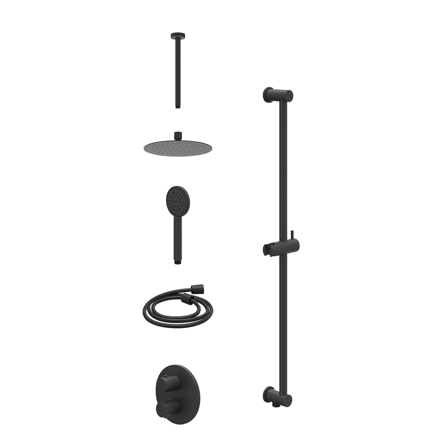 IVY Excl. inbouwbox regendoucheset inbouwthermostaatkraan met 2-weg stop-omstel, plafondbuis 30cm, R20cmSL, glijstang met uitlaat, doucheslang 150cm en satin spray handdouche – Mat