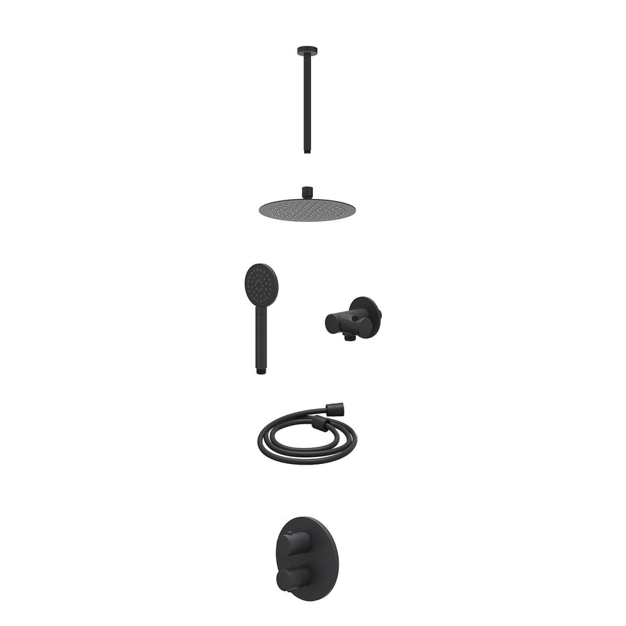 IVY Excl. inbouwbox regendoucheset inbouwthermostaatkraan met 2-weg stop-omstel, plafondbuis 30cm, R20cmSL, verstelbare steun met geïnt. uitlaat, doucheslang 150cm en satin spray h