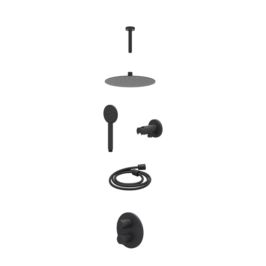 IVY Excl. inbouwbox regendoucheset inbouwthermostaatkraan met 2-weg stop-omstel, plafondbuis 15cm, R25cmSL, houder met uitlaat, doucheslang 150cm en satin spray handdouche – Mat zw