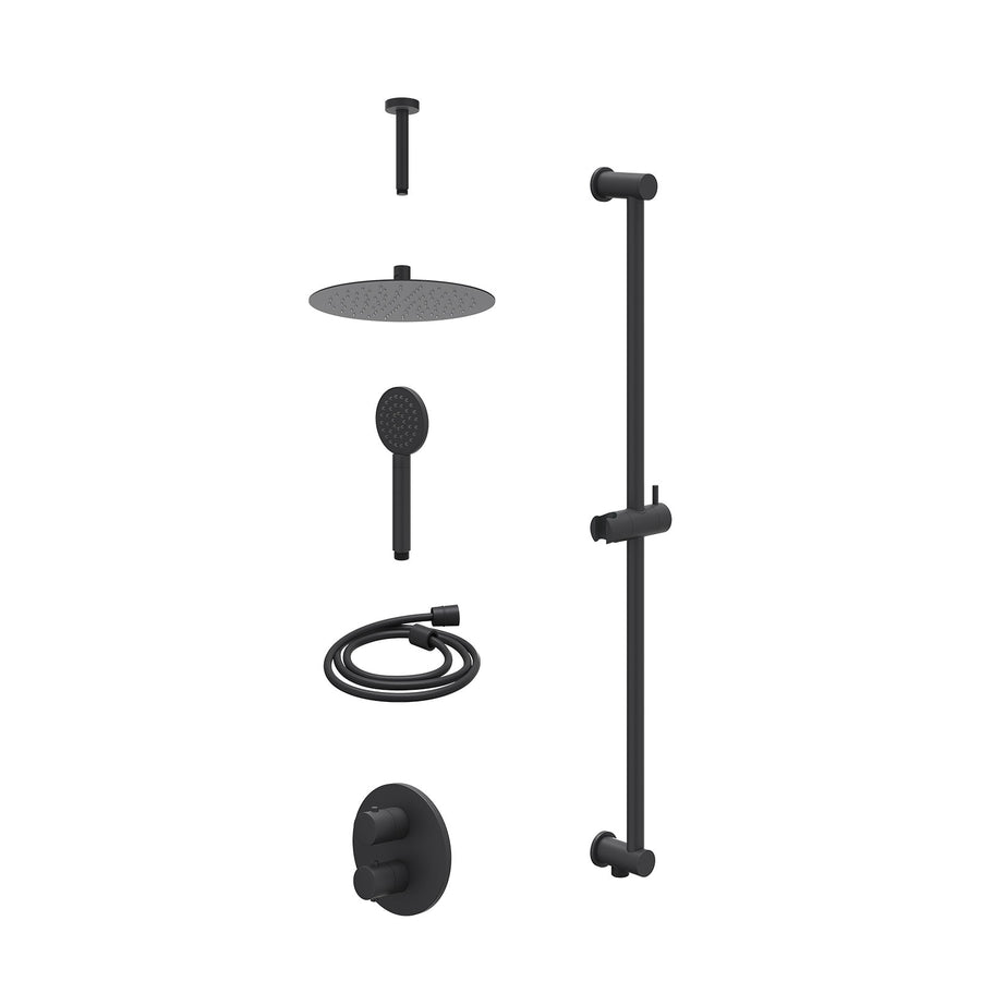 IVY Excl. inbouwbox regendoucheset inbouwthermostaatkraan met 2-weg stop-omstel, plafondbuis 15cm, R25cmSL, glijstang met uitlaat, doucheslang 150cm en satin spray handdouche – Mat