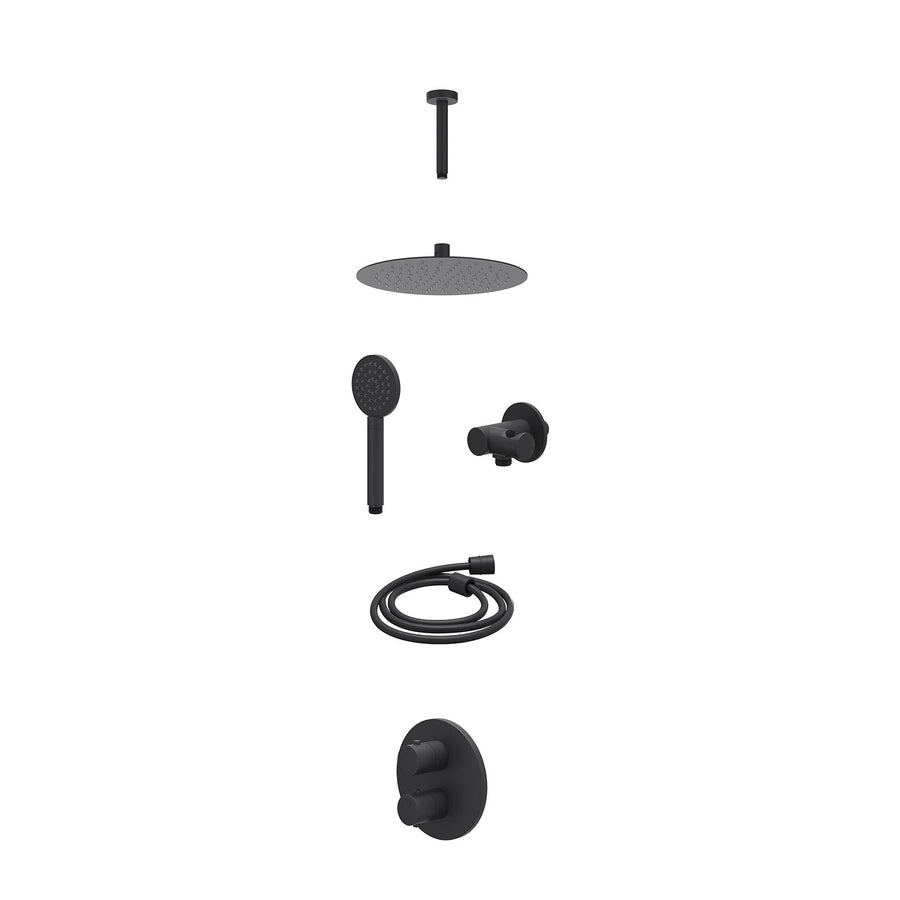 IVY Excl. inbouwbox regendoucheset inbouwthermostaatkraan met 2-weg stop-omstel, plafondbuis 15cm, R25cmSL, verstelbare steun met geïnt. uitlaat, doucheslang 150cm en satin spray h