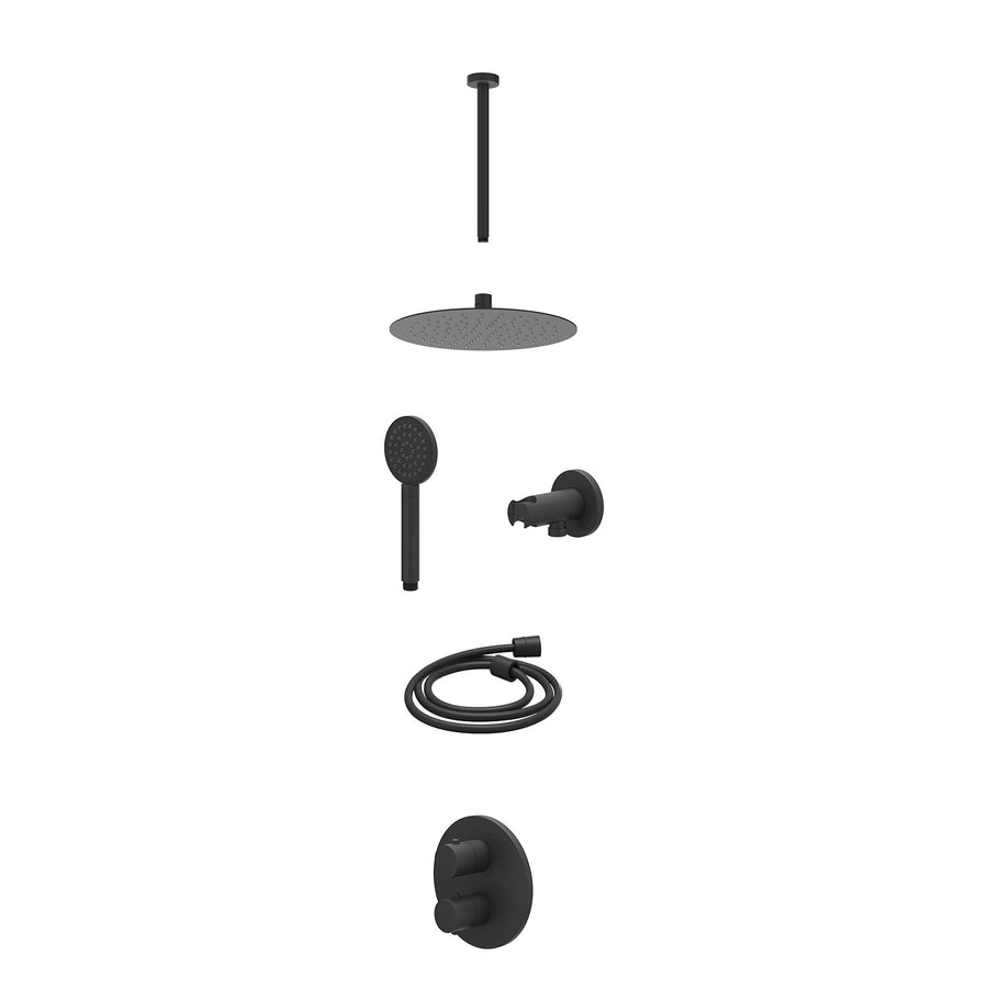 IVY Excl. inbouwbox regendoucheset inbouwthermostaatkraan met 2-weg stop-omstel, plafondbuis 30cm, R25cmSL, houder met uitlaat, doucheslang 150cm en satin spray handdouche – Mat zw