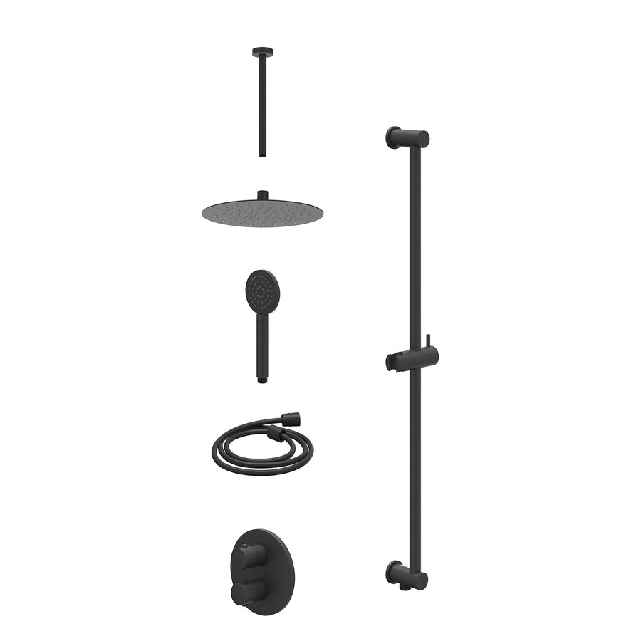 IVY Excl. inbouwbox regendoucheset inbouwthermostaatkraan met 2-weg stop-omstel, plafondbuis 30cm, R25cmSL, glijstang met uitlaat, doucheslang 150cm en satin spray handdouche – Mat