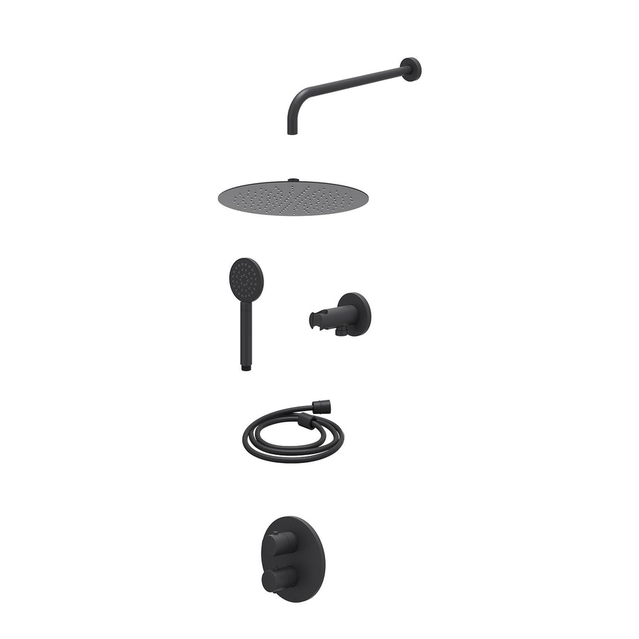 IVY Excl. inbouwbox regendoucheset inbouwthermostaatkraan met 2-weg stop-omstel, wandarm, R30cmSL, houder met uitlaat, doucheslang 150cm en satin spray handdouche – Mat zwart PED