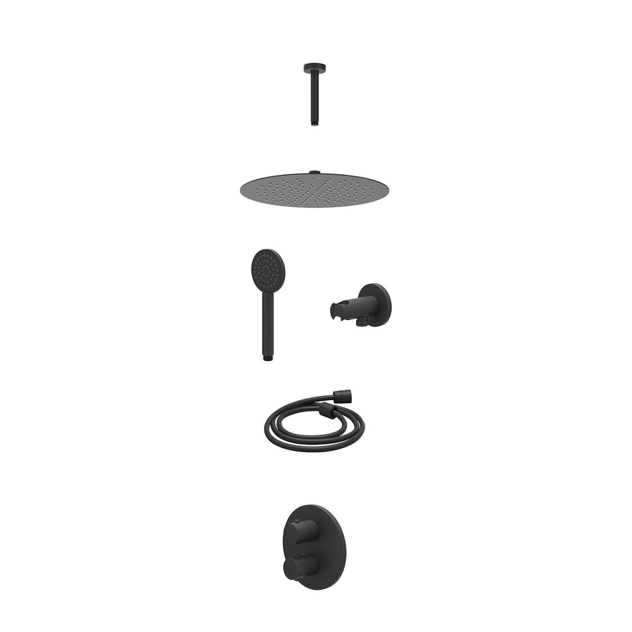 IVY Excl. inbouwbox regendoucheset inbouwthermostaatkraan met 2-weg stop-omstel, plafondbuis 15cm, R30cmSL, houder met uitlaat, doucheslang 150cm en satin spray handdouche – Mat zw