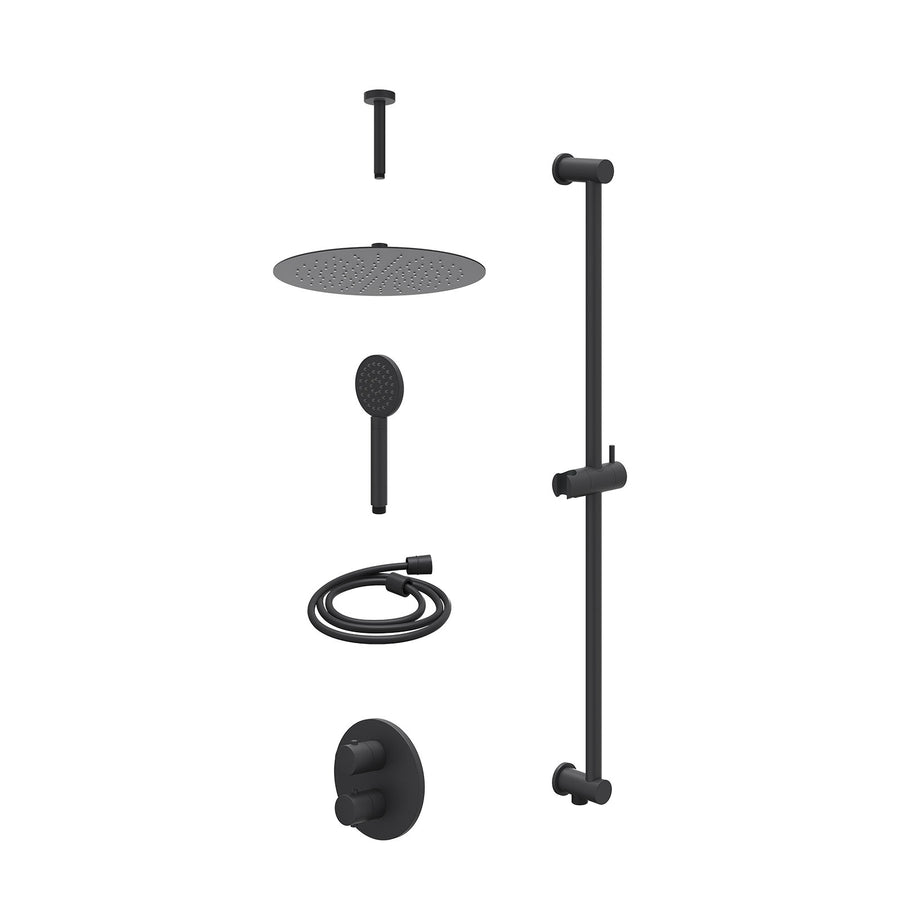 IVY Excl. inbouwbox regendoucheset inbouwthermostaatkraan met 2-weg stop-omstel, plafondbuis 15cm, R30cmSL, glijstang met uitlaat, doucheslang 150cm en satin spray handdouche – Mat