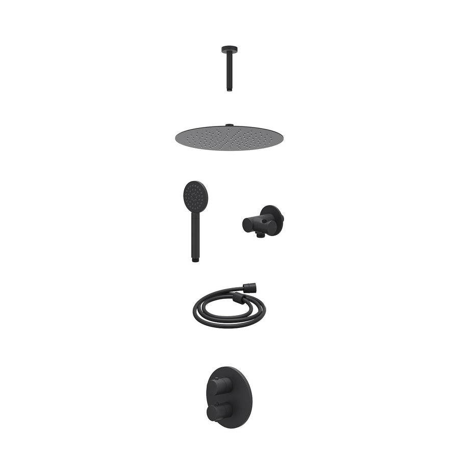 IVY Excl. inbouwbox regendoucheset inbouwthermostaatkraan met 2-weg stop-omstel, plafondbuis 15cm, R30cmSL, verstelbare steun met geïnt. uitlaat, doucheslang 150cm en satin spray h