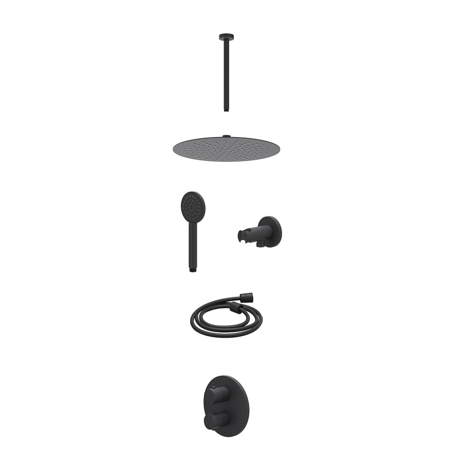 IVY Excl. inbouwbox regendoucheset inbouwthermostaatkraan met 2-weg stop-omstel, plafondbuis 30cm, R30cmSL, houder met uitlaat, doucheslang 150cm en satin spray handdouche – Mat zw