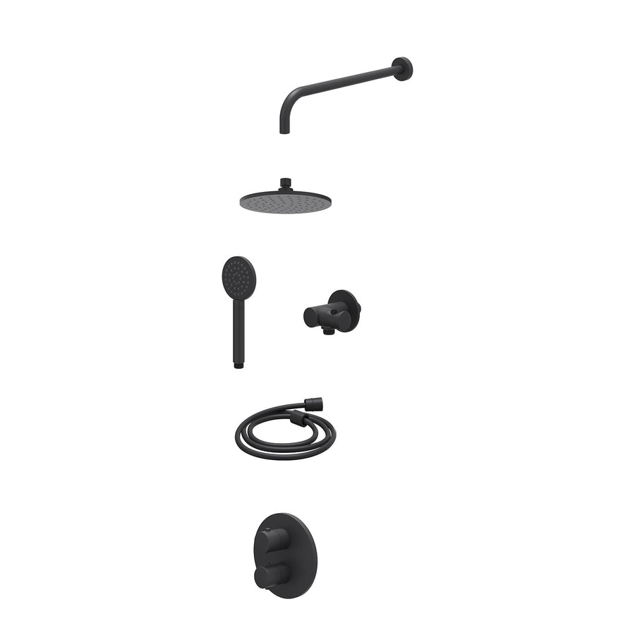 IVY Excl. inbouwbox regendoucheset inbouwthermostaatkraan met 2-weg stop-omstel, wandarm, R20cmME, verstelbare steun met geïnt. uitlaat, doucheslang 150cm en satin spray handdouche