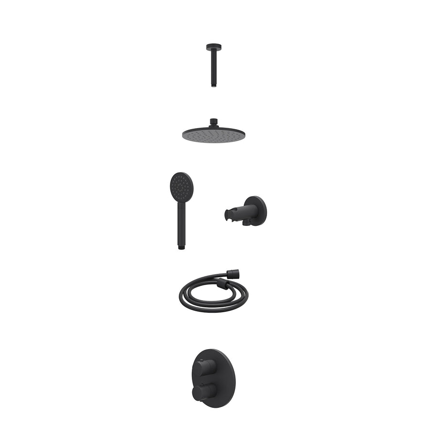 IVY Excl. inbouwbox regendoucheset inbouwthermostaatkraan met 2-weg stop-omstel, plafondbuis 15cm, R20cmME, houder met uitlaat, doucheslang 150cm en satin spray handdouche – Mat zw