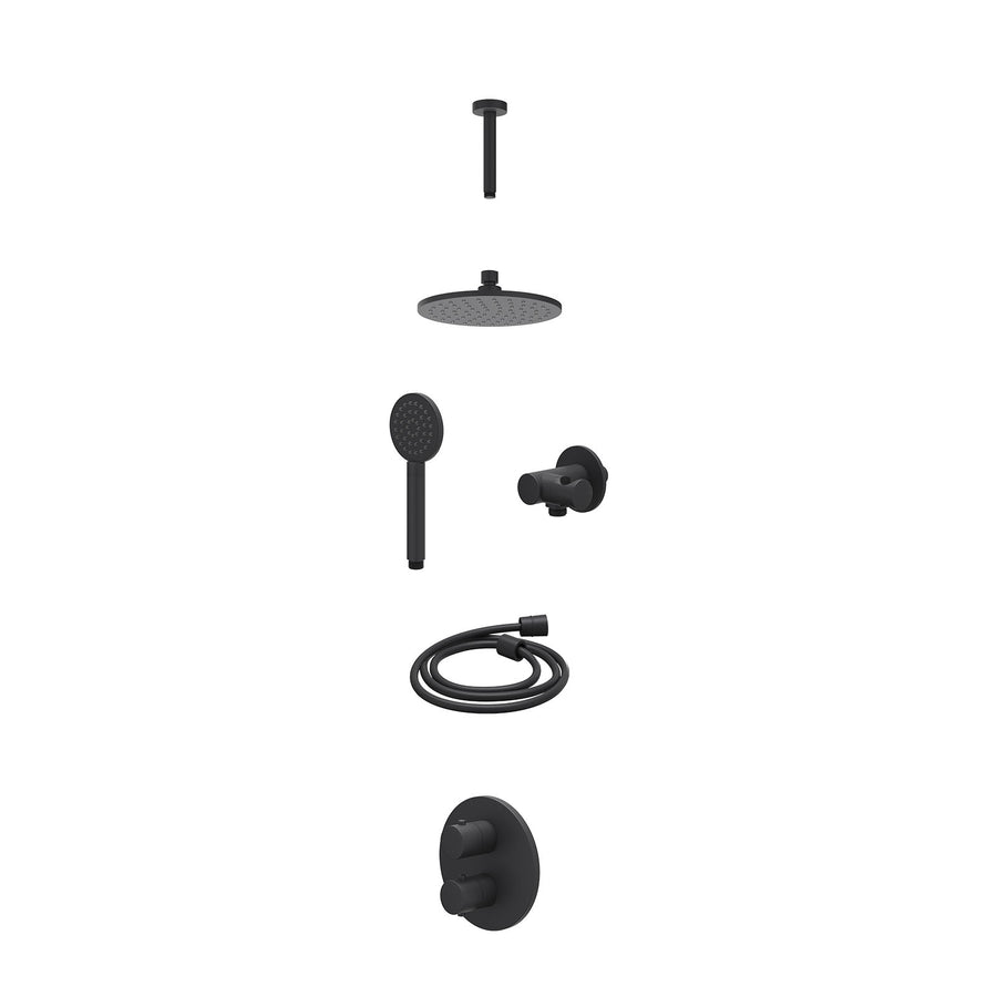 IVY Excl. inbouwbox regendoucheset inbouwthermostaatkraan met 2-weg stop-omstel, plafondbuis 15cm, R20cmME, verstelbare steun met geïnt. uitlaat, doucheslang 150cm en satin spray h