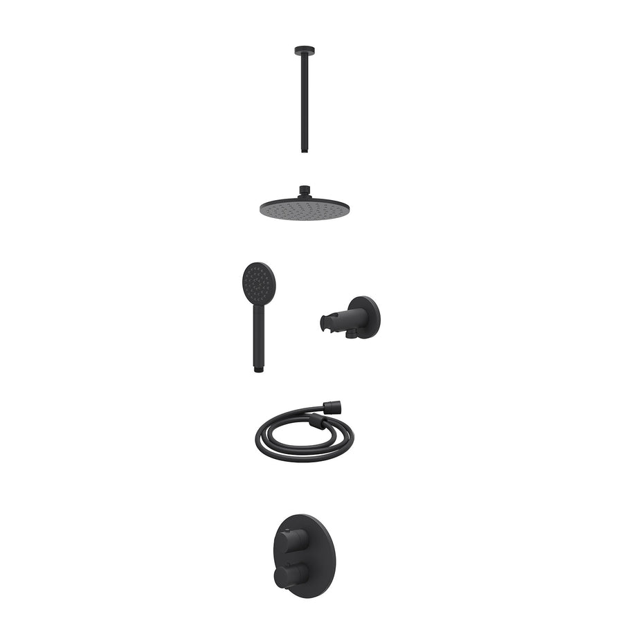 IVY Excl. inbouwbox regendoucheset inbouwthermostaatkraan met 2-weg stop-omstel, plafondbuis 30cm, R20cmME, houder met uitlaat, doucheslang 150cm en satin spray handdouche – Mat zw