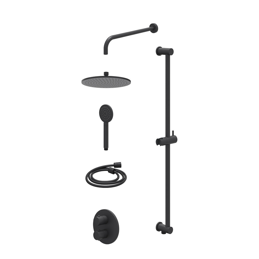 IVY Excl. inbouwbox regendoucheset inbouwthermostaatkraan met 2-weg stop-omstel, wandarm, R25cmME, glijstang met uitlaat, doucheslang 150cm en satin spray handdouche – Mat zwart PE