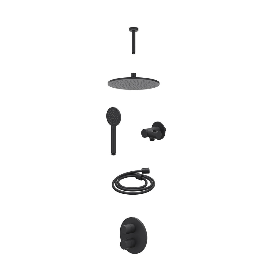 IVY Excl. inbouwbox regendoucheset inbouwthermostaatkraan met 2-weg stop-omstel, plafondbuis 15cm, R25cmME, verstelbare steun met geïnt. uitlaat, doucheslang 150cm en satin spray h