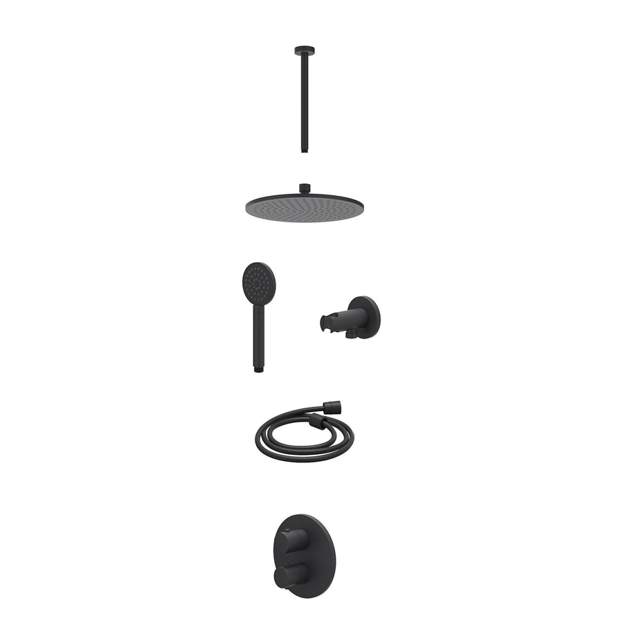 IVY Excl. inbouwbox regendoucheset inbouwthermostaatkraan met 2-weg stop-omstel, plafondbuis 30cm, R25cmME, houder met uitlaat, doucheslang 150cm en satin spray handdouche – Mat zw