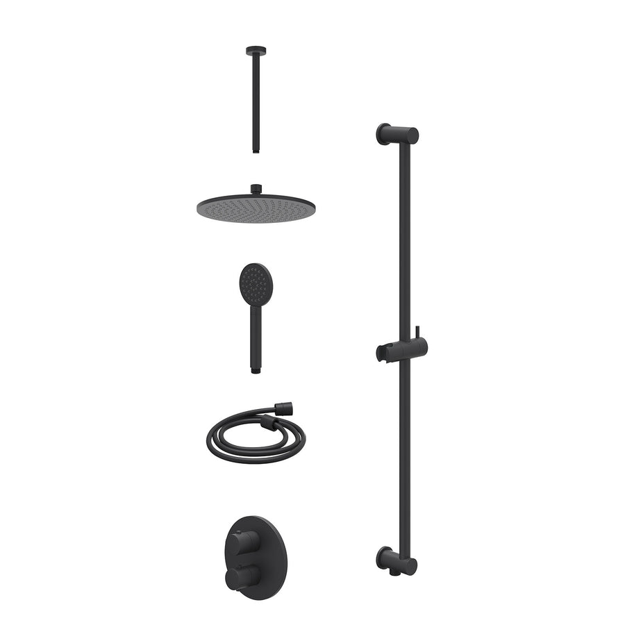 IVY Excl. inbouwbox regendoucheset inbouwthermostaatkraan met 2-weg stop-omstel, plafondbuis 30cm, R25cmME, glijstang met uitlaat, doucheslang 150cm en satin spray handdouche – Mat