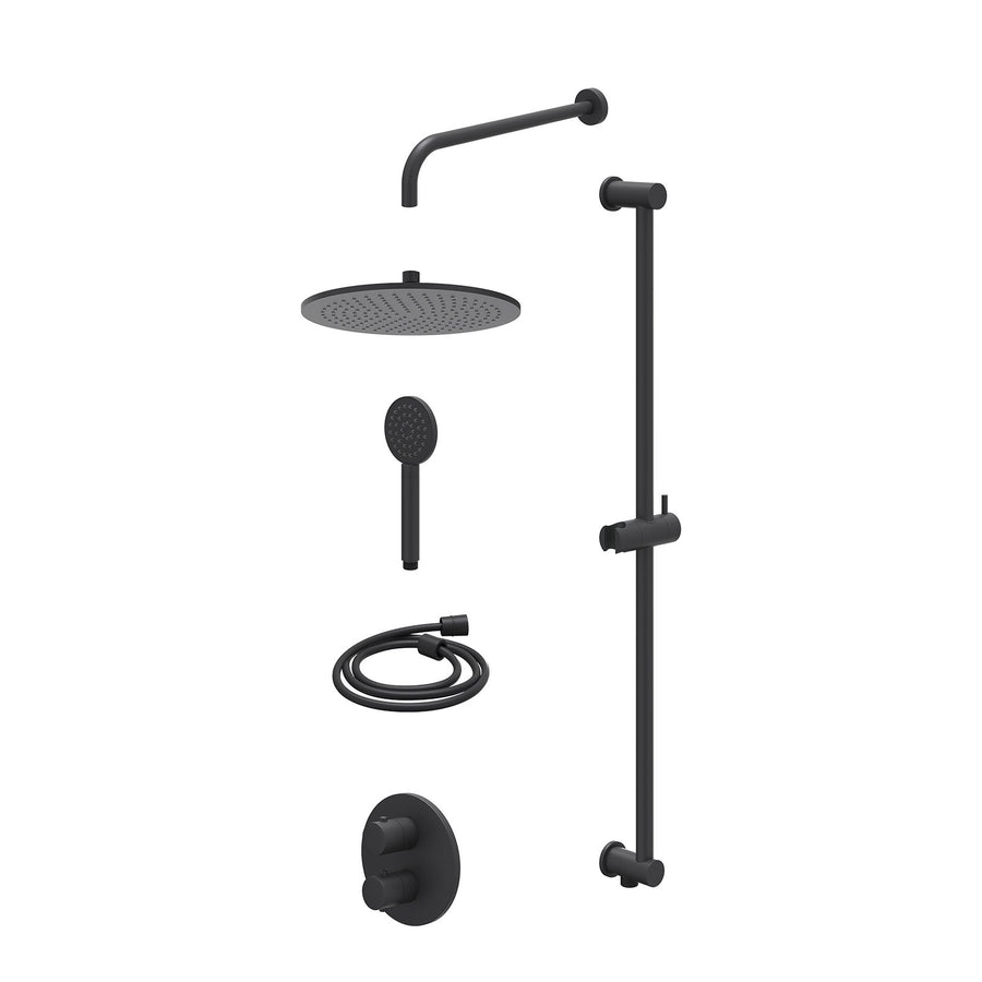 IVY Excl. inbouwbox regendoucheset inbouwthermostaatkraan met 2-weg stop-omstel, wandarm, R30cmME, glijstang met uitlaat, doucheslang 150cm en satin spray handdouche – Mat zwart PE