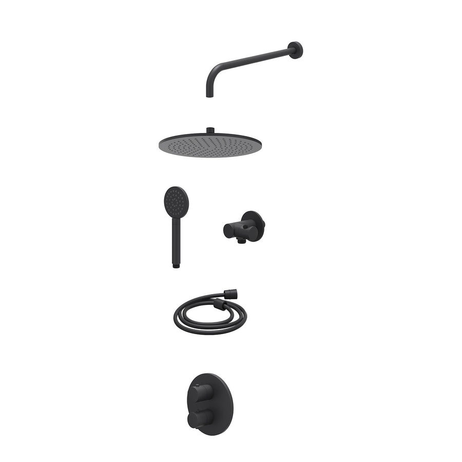 IVY Excl. inbouwbox regendoucheset inbouwthermostaatkraan met 2-weg stop-omstel, wandarm, R30cmME, verstelbare steun met geïnt. uitlaat, doucheslang 150cm en satin spray handdouche