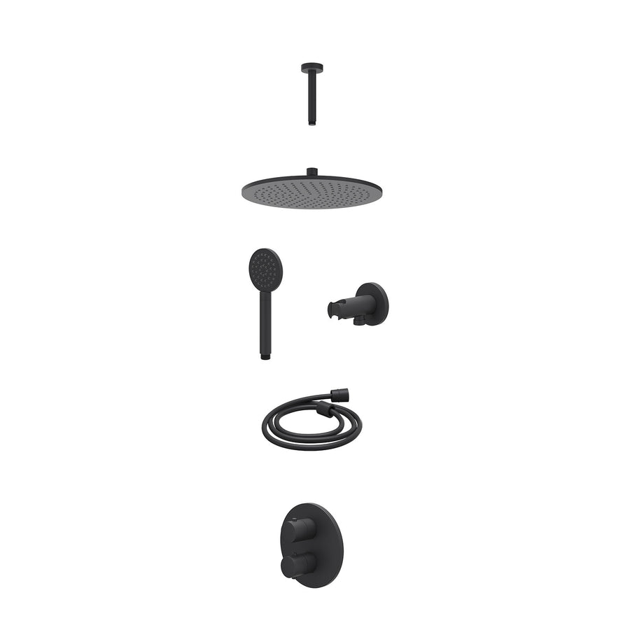 IVY Excl. inbouwbox regendoucheset inbouwthermostaatkraan met 2-weg stop-omstel, plafondbuis 15cm, R30cmME, houder met uitlaat, doucheslang 150cm en satin spray handdouche – Mat zw