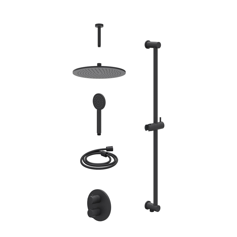 IVY Excl. inbouwbox regendoucheset inbouwthermostaatkraan met 2-weg stop-omstel, plafondbuis 15cm, R30cmME, glijstang met uitlaat, doucheslang 150cm en satin spray handdouche – Mat