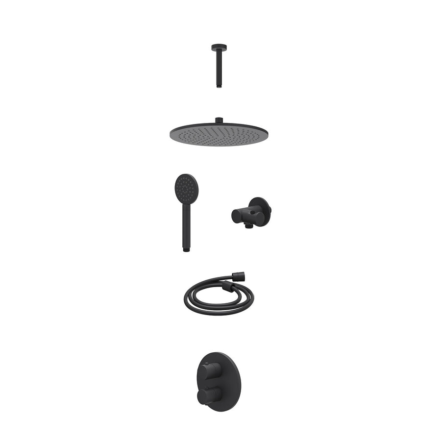IVY Excl. inbouwbox regendoucheset inbouwthermostaatkraan met 2-weg stop-omstel, plafondbuis 15cm, R30cmME, verstelbare steun met geïnt. uitlaat, doucheslang 150cm en satin spray h