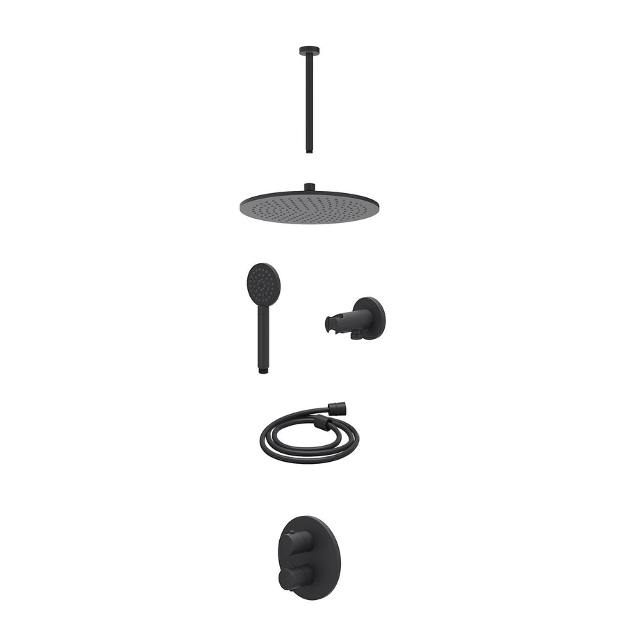 IVY Excl. inbouwbox regendoucheset inbouwthermostaatkraan met 2-weg stop-omstel, plafondbuis 30cm, R30cmME, houder met uitlaat, doucheslang 150cm en satin spray handdouche – Mat zw