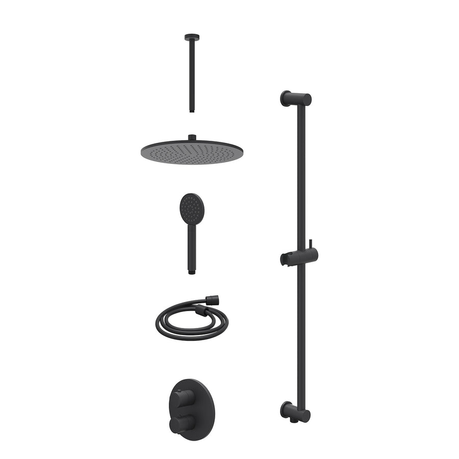 IVY Excl. inbouwbox regendoucheset inbouwthermostaatkraan met 2-weg stop-omstel, plafondbuis 30cm, R30cmME, glijstang met uitlaat, doucheslang 150cm en satin spray handdouche – Mat