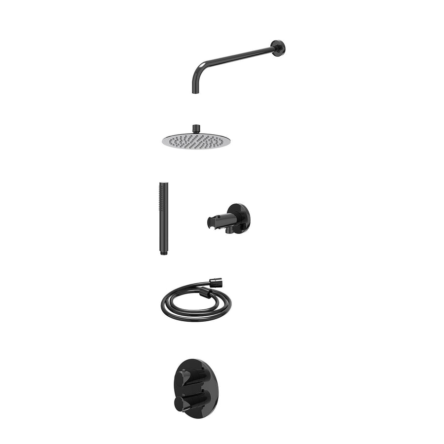 IVY Excl. inbouwbox regendoucheset inbouwthermostaatkraan met 2-weg stop-omstel, wandarm, R20cmSL, houder met uitlaat, doucheslang 150cm en staafmodel – Zwart chroom PVD