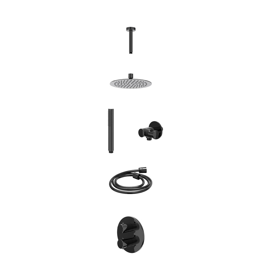 IVY Excl. inbouwbox regendoucheset inbouwthermostaatkraan met 2-weg stop-omstel, plafondbuis 15cm, R20cmSL, verstelbare steun met geïnt. uitlaat, doucheslang 150cm en staafmodel – 